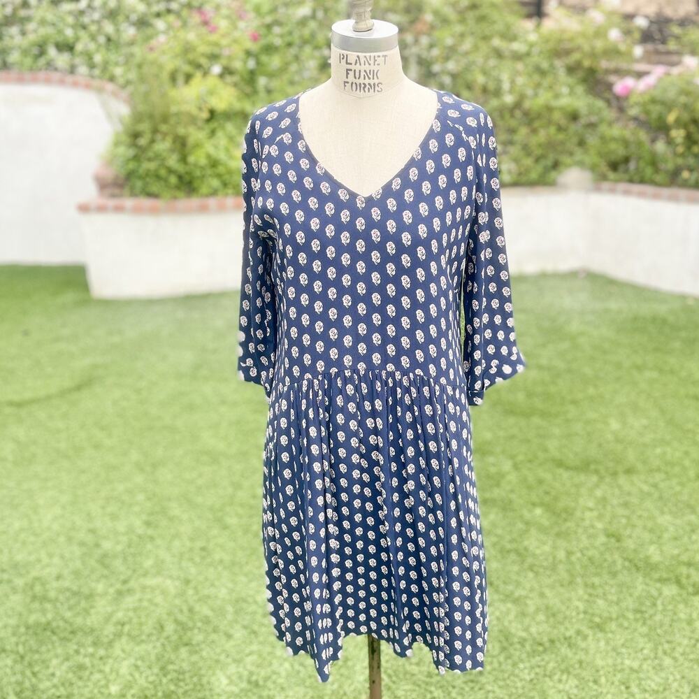 Garnet Hill Womens Bohemian Pocket-Detail Lined Preppy Dress Navy 10